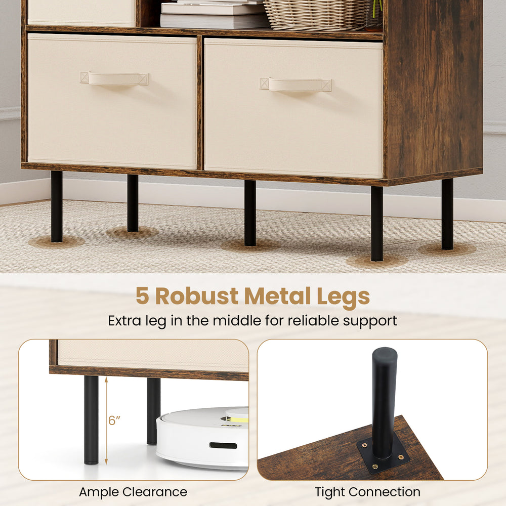 6-cube bookshelf with rustic brown finish, featuring 3 removable fabric drawers and robust metal legs for stability.