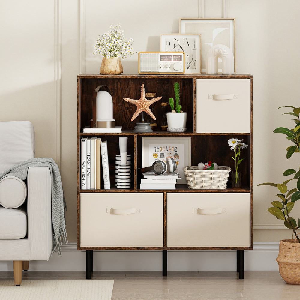 6-cube bookshelf in rustic brown with 3 removable fabric drawers, ideal for organizing living rooms and home offices.