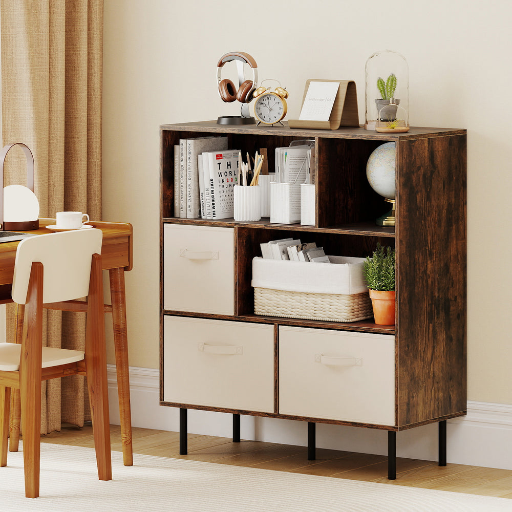 6-cube bookshelf in rustic brown with 3 removable fabric drawers, ideal for organizing living rooms or home offices.