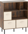 6-cube bookshelf in rustic brown with 3 removable fabric drawers, ideal for living room organization and stability.