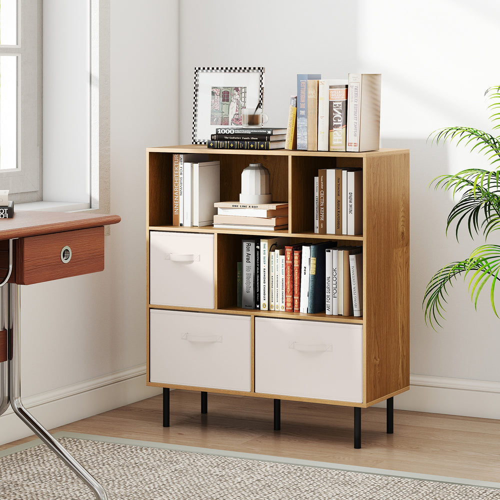 6-Cube Bookshelf with 3 Removable Folding Fabric Drawers for Living Room-Natural - Gallery View 1 of 10