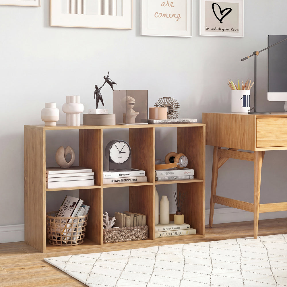 6 Cube Bookshelf with Back Guardrail for Living Room Bedroom-Natural - Gallery View 1 of 9
