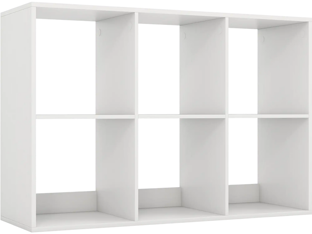 White 6-cube bookshelf with back guardrail, perfect for storing books and decorations in living room or bedroom.