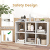 6-cube bookshelf in white with back guardrail and anti-tipping kits, ideal for living room or bedroom storage.