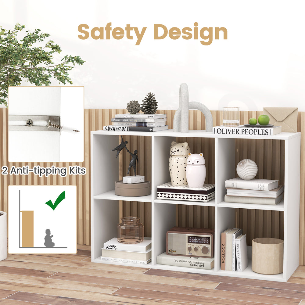 6-cube bookshelf in white with back guardrail and anti-tipping kits, ideal for living room or bedroom storage.