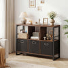 Industrial short bookshelf in rustic brown with 3 bins, open shelves, and sturdy metal frame for versatile indoor storage.