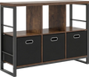 Industrial short bookshelf in rustic brown with 3 bins and open shelves, perfect for storage and display in any room.