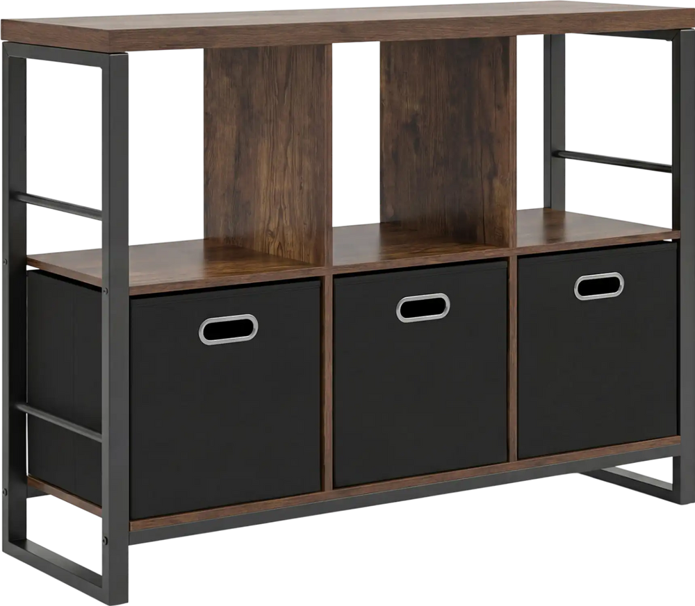 Industrial short bookshelf in rustic brown with 3 bins and open shelves, perfect for storage and display in any room.