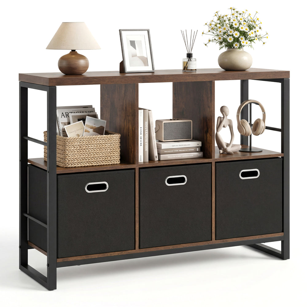 6 Cube Industrial Short Bookshelf with rustic brown finish features a sturdy 3 cm thick tabletop for durable support and style.