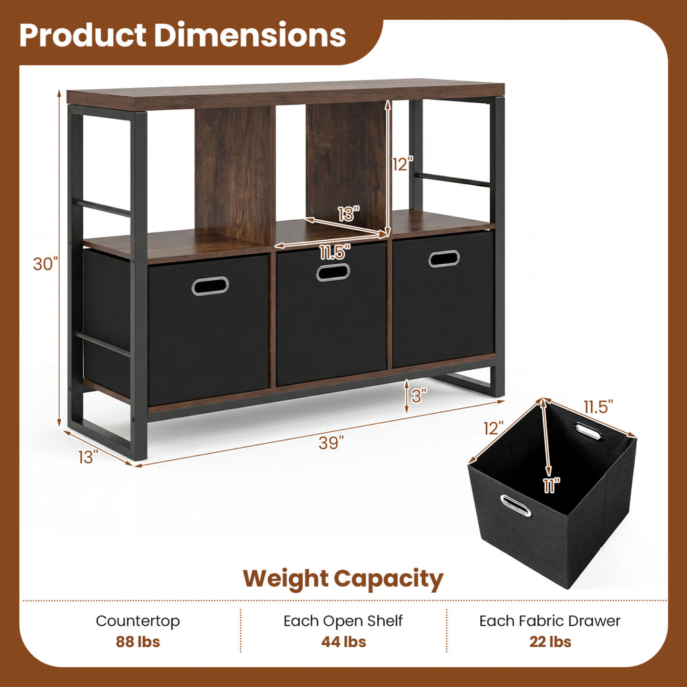 6 Cube Industrial Short Bookshelf with rustic brown finish, featuring 3 bins and open shelves for versatile indoor storage.