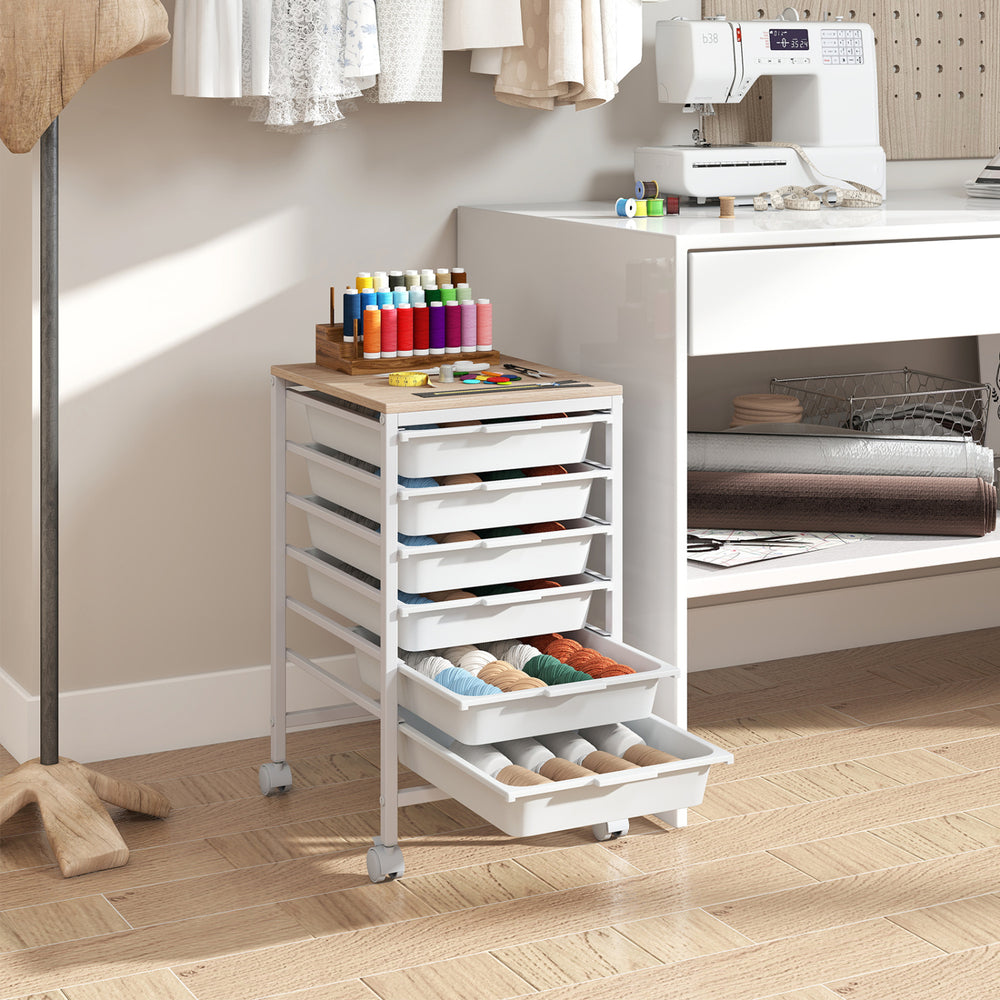 6-drawer rolling storage cart in white with wooden tabletop, ideal for organizing office and craft supplies.