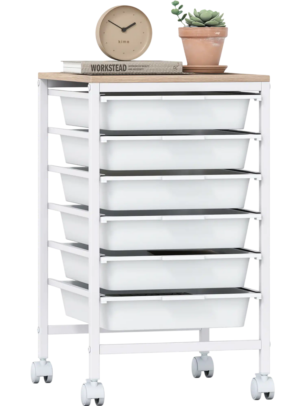 6-drawer rolling storage cart with white drawers and wooden tabletop, perfect for organizing office or craft supplies.