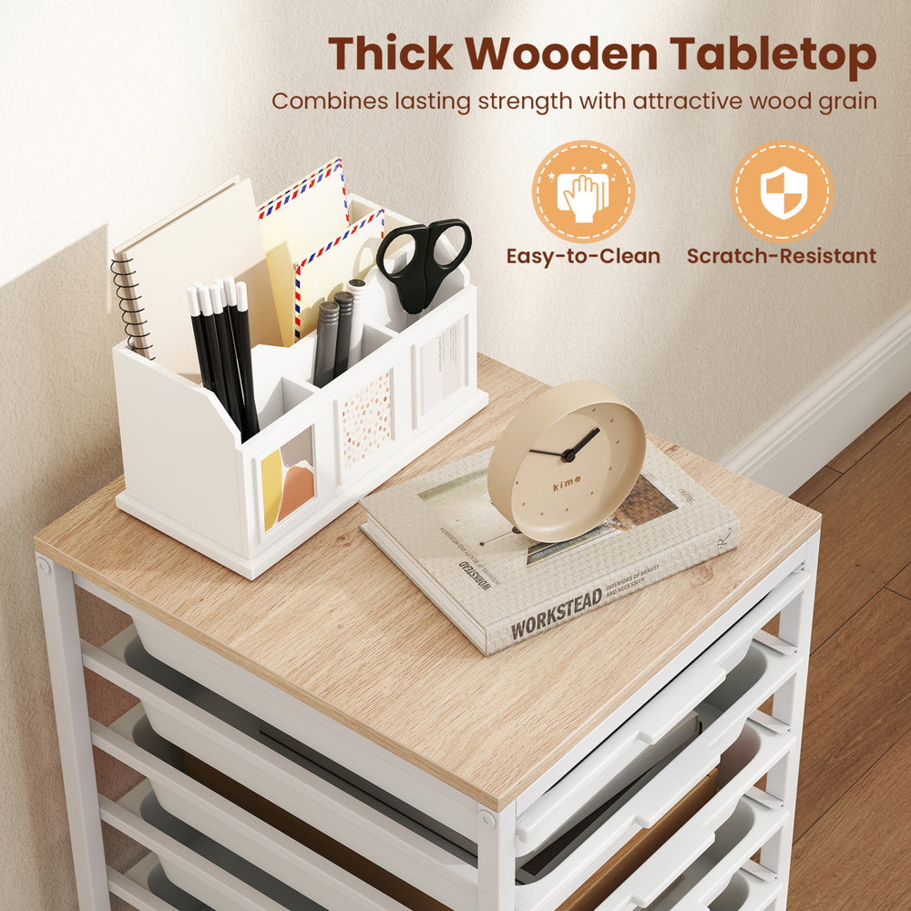 6-drawer rolling storage cart with a thick wooden tabletop, featuring a natural wood grain for office or craft.