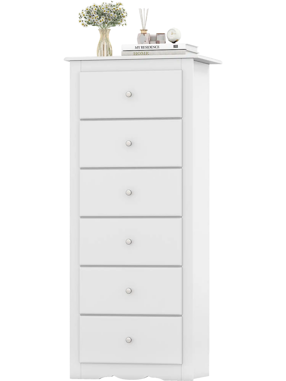 White 6-drawer chest dresser with smooth metal glides and elegant design, perfect for bedroom or living room storage.