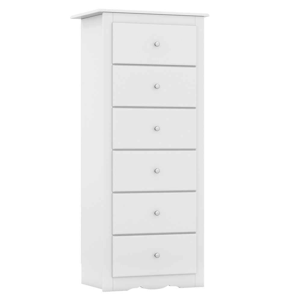 White 6-drawer chest dresser with smooth metal glides and elegant design, ideal for bedroom or living room storage.