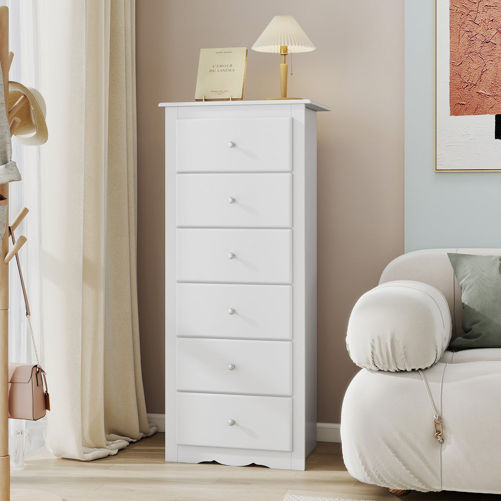 White 6-drawer chest dresser with smooth metal glides and stylish wave bottom, perfect for bedroom storage.