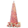 Snow-flocked pink Christmas tree with 140 warm white LED lights, surrounded by wrapped gifts for festive holiday.