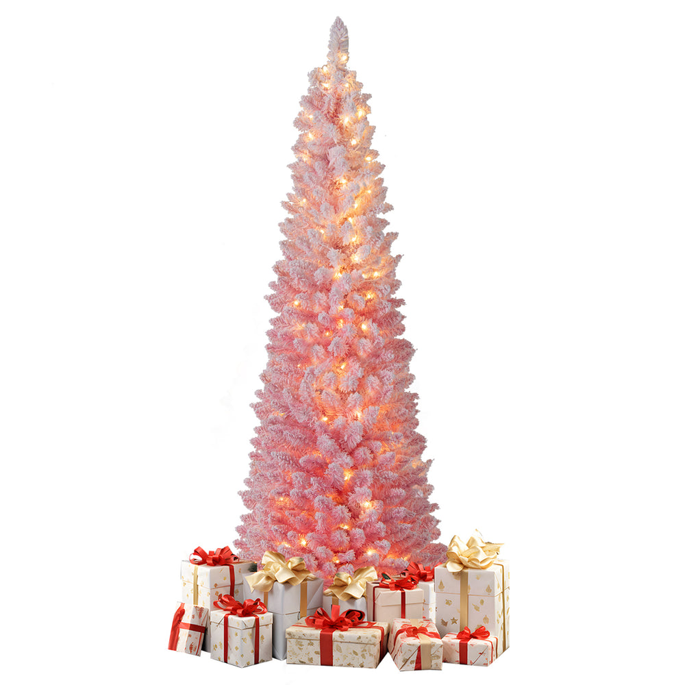 Snow-flocked pink Christmas tree with 140 warm white LED lights, surrounded by wrapped gifts for festive holiday.