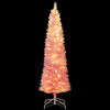 Snow-flocked pink Christmas tree with 140 warm white LED lights, perfect for holiday decoration in homes or cafes.