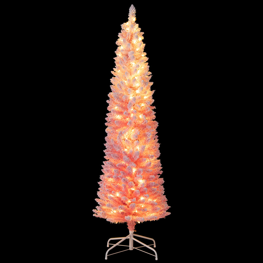 Snow-flocked pink Christmas tree with 140 warm white LED lights, perfect for holiday decoration in homes or cafes.