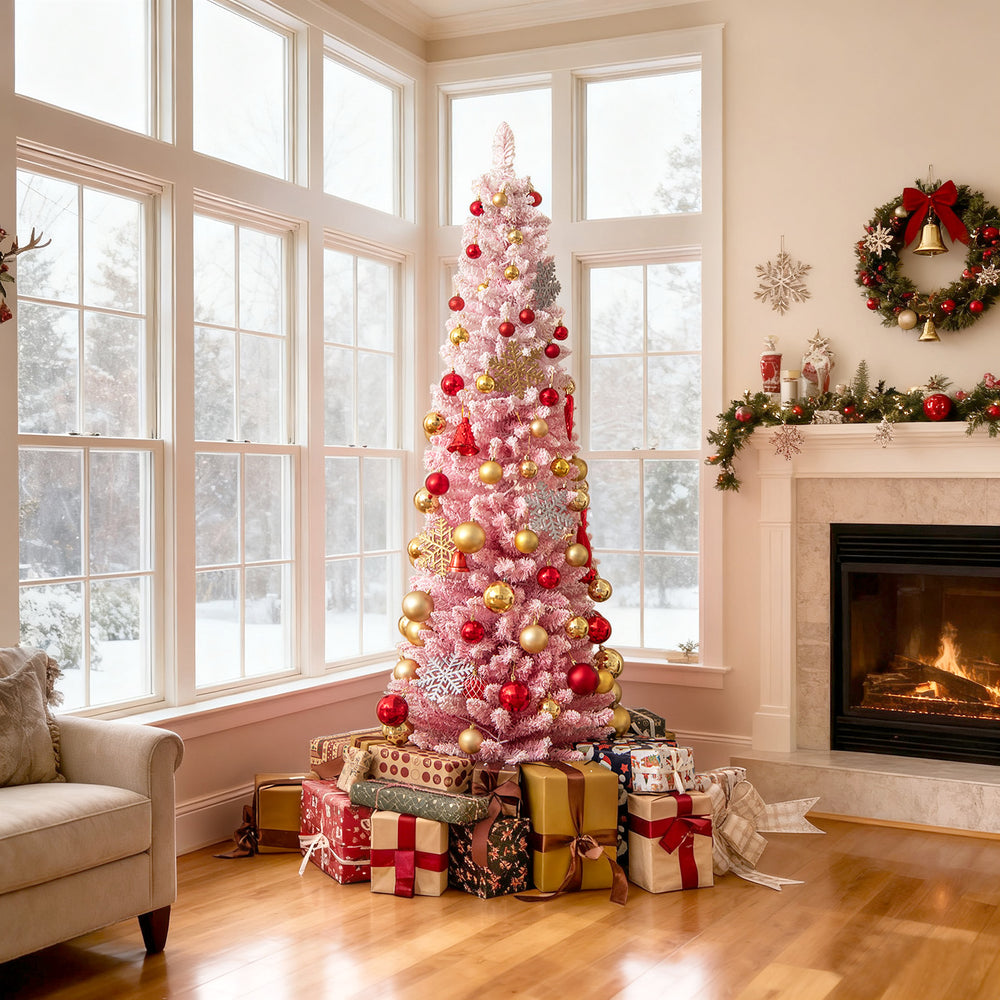 Snow-flocked pink Christmas tree with warm white LED lights, decorated with ornaments, ideal for holiday home decor.