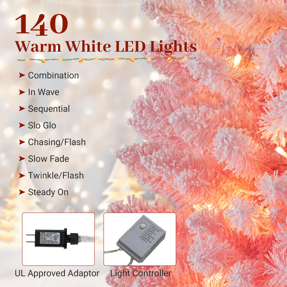 Snow-flocked pink Christmas tree with 140 warm white LED lights and 8 lighting modes for festive holiday decoration.