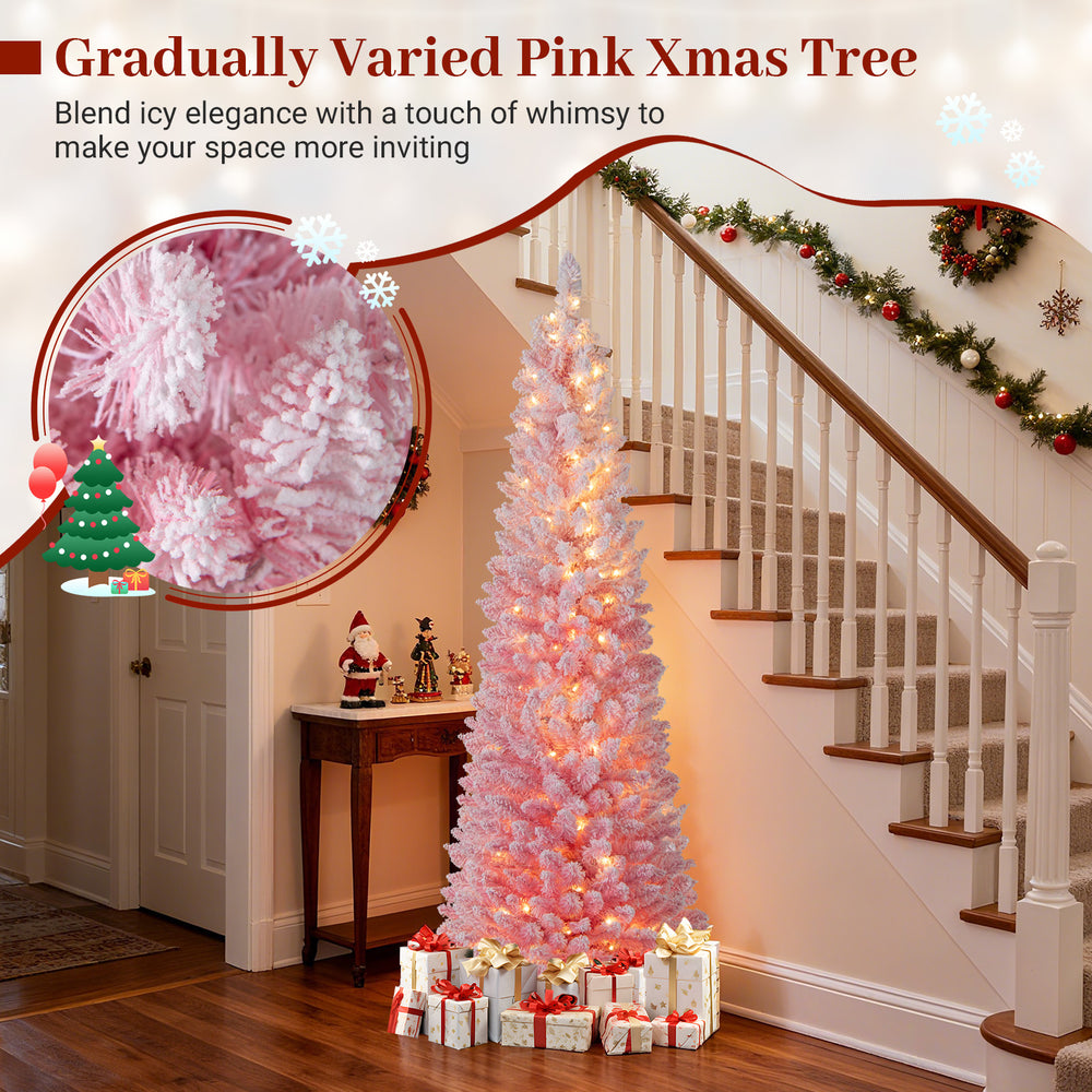 6 FT pink snow-flocked Christmas tree with warm white LED lights, perfect for holiday decoration in homes or cafes.