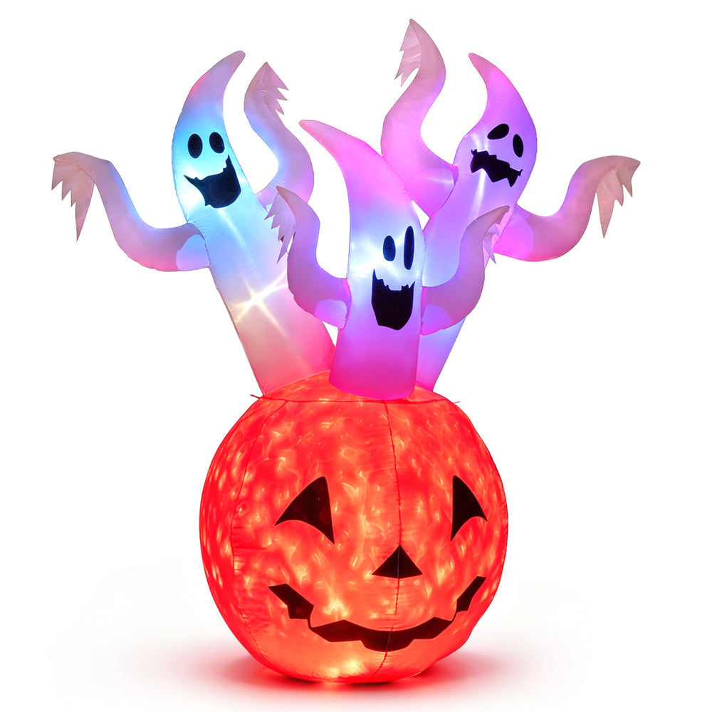 Inflatable 6 FT ghost pumpkin features three playful ghosts and colorful lights, perfect for Halloween outdoor decoration.