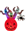 Inflatable 6 FT ghost pumpkin with colorful lights and three floating ghosts, perfect for Halloween yard decoration.