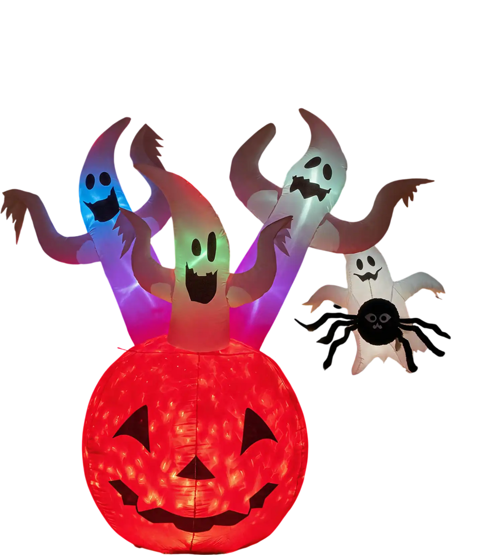Inflatable 6 FT ghost pumpkin with colorful lights and three floating ghosts, perfect for Halloween yard decoration.