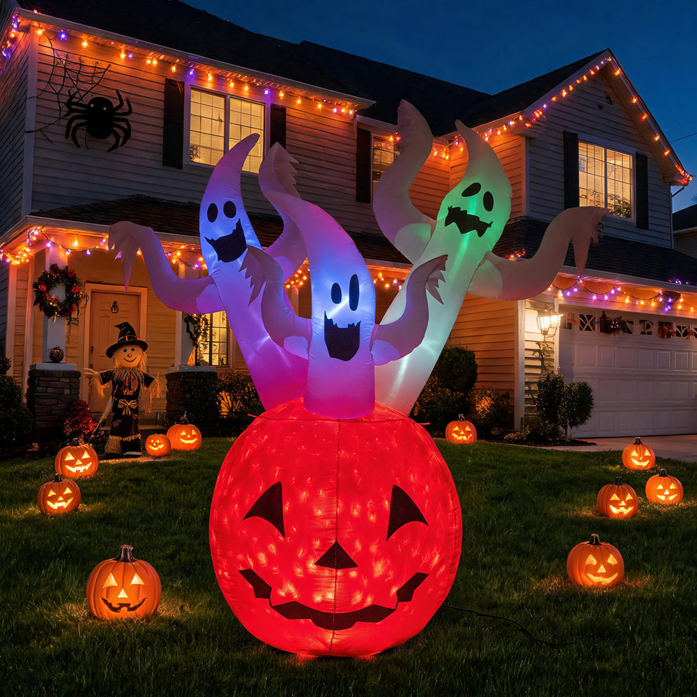 Inflatable 6 FT ghost pumpkin with colorful lights and three funny ghosts, perfect for Halloween outdoor decoration.