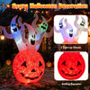 Inflatable 6 FT ghost pumpkin features 3 light-up ghosts and colorful lights, perfect for outdoor Halloween decoration.
