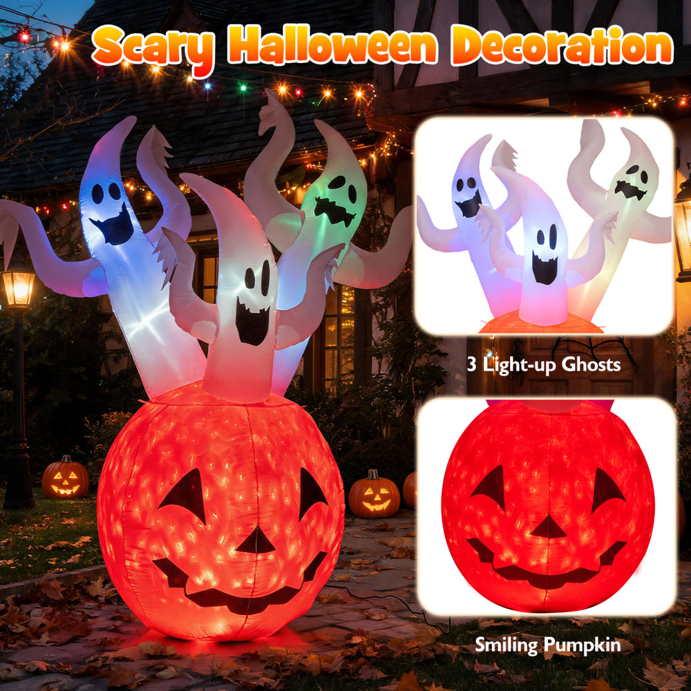 Inflatable 6 FT ghost pumpkin features 3 light-up ghosts and colorful lights, perfect for outdoor Halloween decoration.