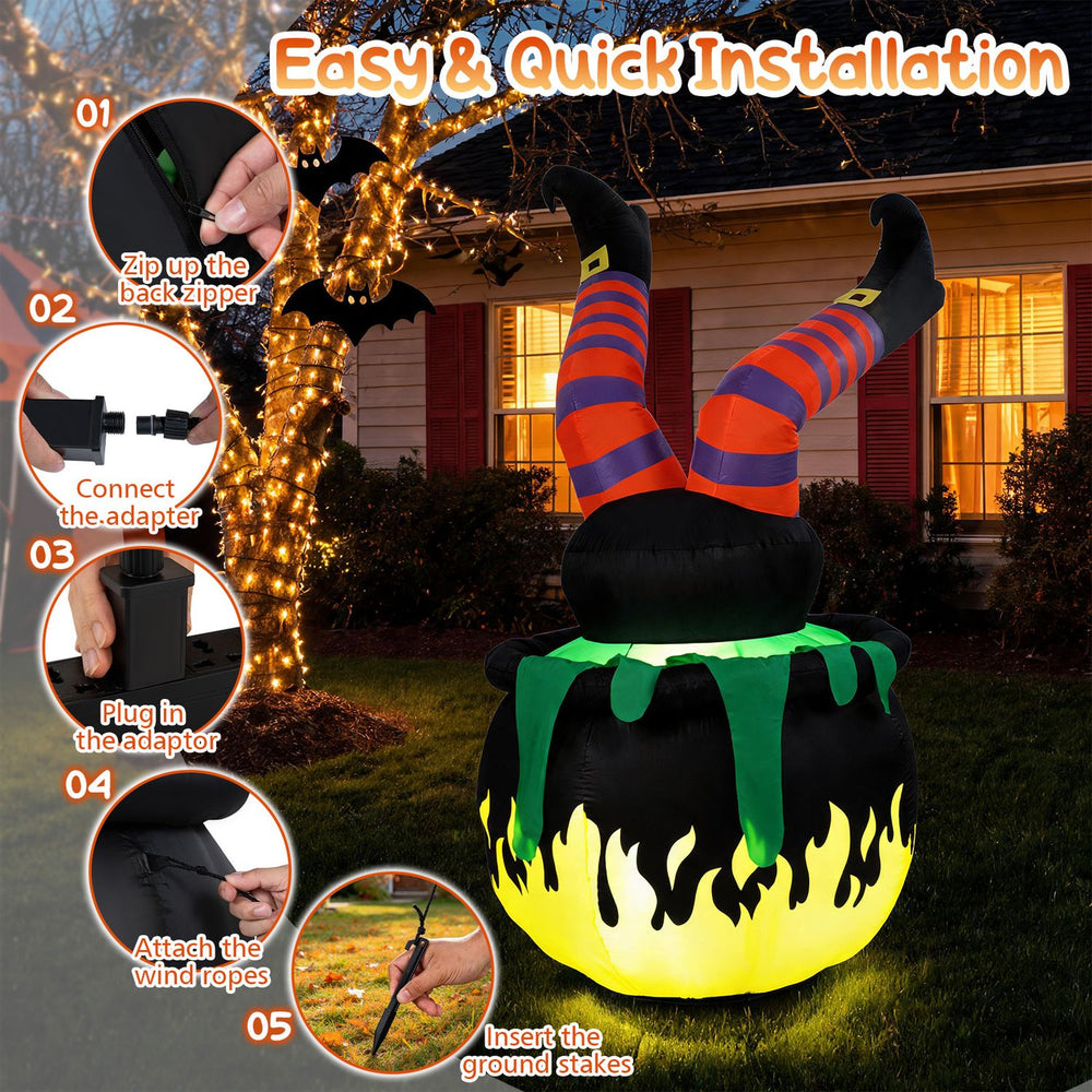Animated 6 FT Halloween inflatable kicking witch with LED light, featuring a flaming cauldron design for festive outdoor decor.