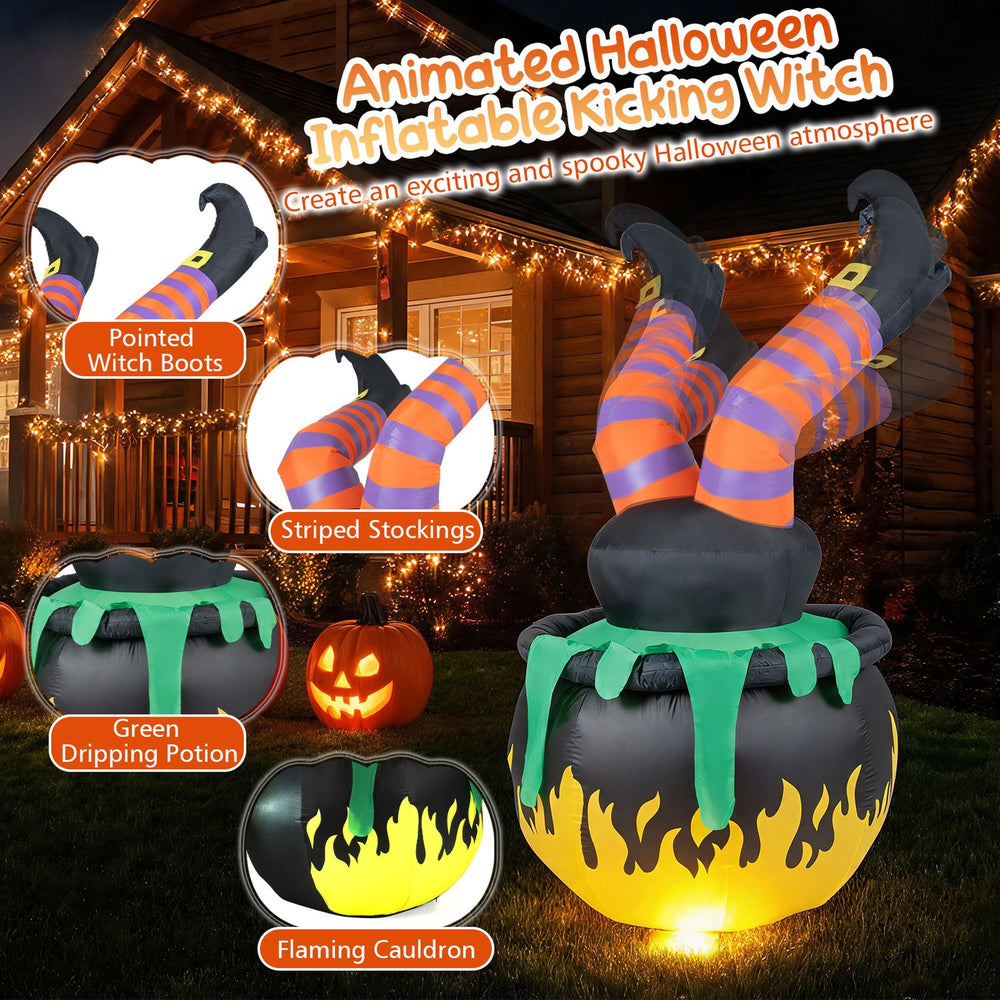 Animated 6 FT Halloween inflatable kicking witch with LED light, featuring a flaming cauldron and striped stockings for decoration.