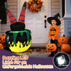 Animated 6 FT Halloween inflatable kicking witch with LED light and cauldron design for festive outdoor decoration.