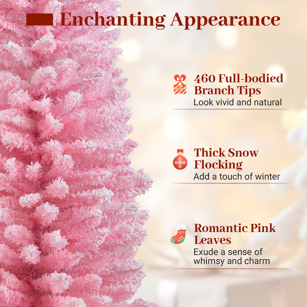 6 FT artificial Christmas tree with 460 branch tips, pink flocking, and a folding metal stand for easy setup and.