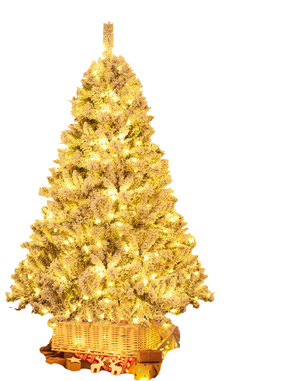 Lifelike 6 ft artificial Christmas tree with warm white LED lights, set in a cozy holiday living room scene.