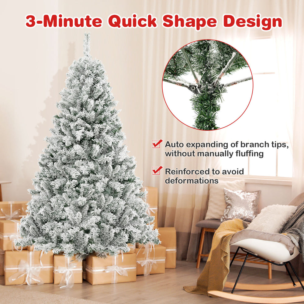 6-foot artificial Christmas tree with white flocking, 644 branch tips, and 300 warm white LED lights for festive decor.
