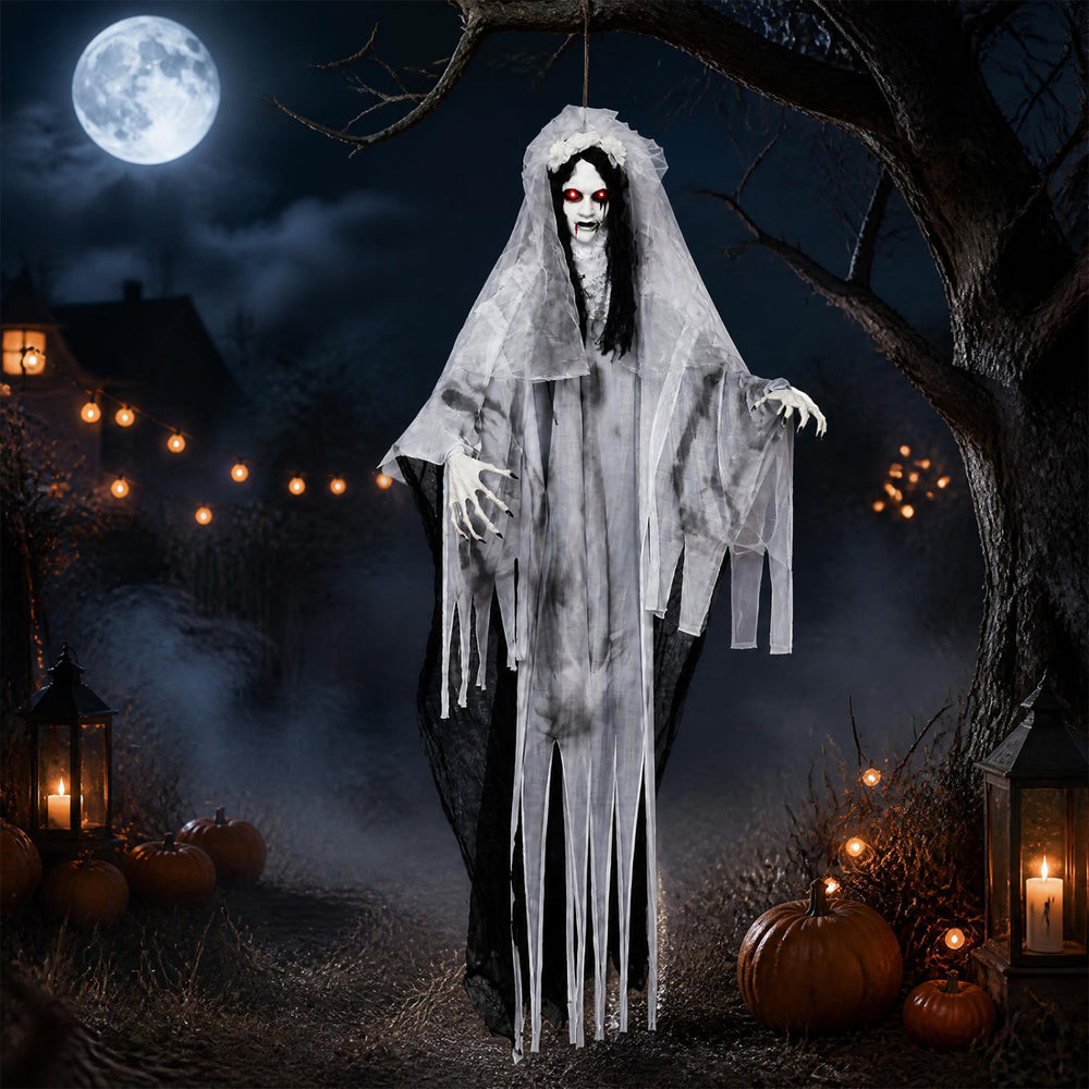Creepy 6 FT ghost bride Halloween decoration with glowing eyes, sound effects, and flexible arms for lifelike motion.
