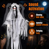 Creepy 6 FT ghost bride decoration with glowing eyes, spooky sounds, and swinging body for Halloween surprises.