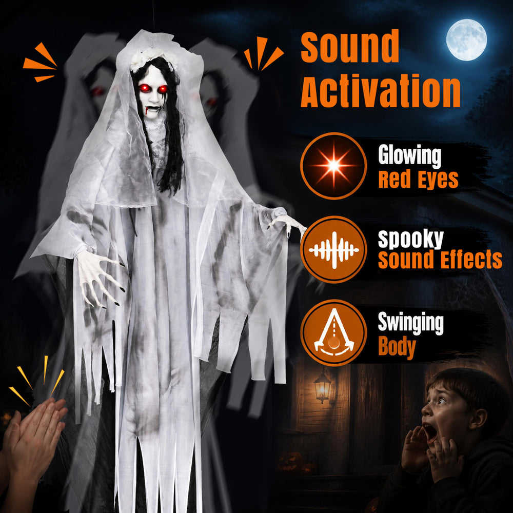 Creepy 6 FT ghost bride decoration with glowing eyes, spooky sounds, and swinging body for Halloween surprises.