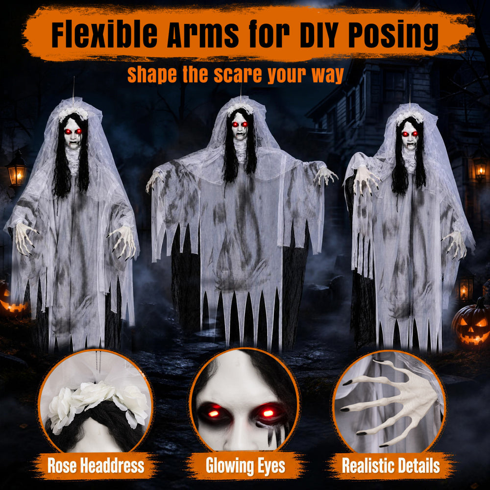6 FT Ghost Bride Halloween decoration features flexible arms, glowing eyes, and a spooky design for indoor or yard display.