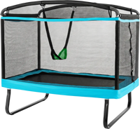 6 FT kids trampoline with swing and safety enclosure net, designed for bouncing and swinging fun in blue color.