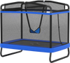 Kids trampoline with swing and horizontal bar in blue, featuring safety net and padded spring cover for secure play.