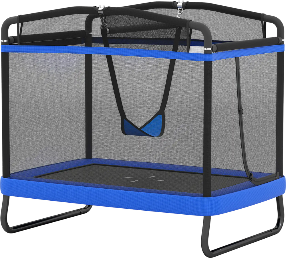 Kids trampoline with swing and horizontal bar in blue, featuring safety net and padded spring cover for secure play.