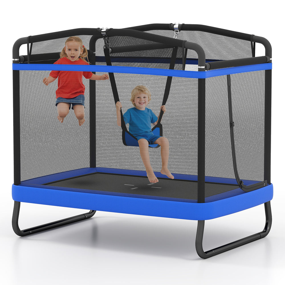 Kids enjoy bouncing and swinging on the 6 FT blue trampoline with safety net and padded spring cover for secure play.