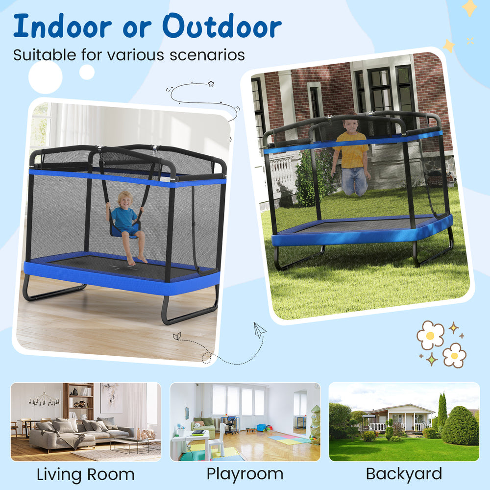 6 FT kids trampoline with swing and horizontal bar in blue, designed for indoor or outdoor play and enhanced safety.