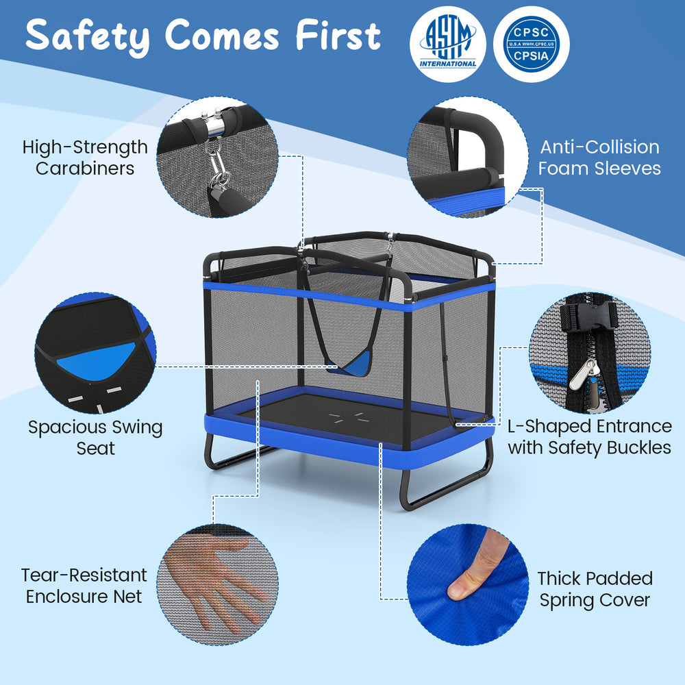 6 FT kids trampoline with swing and horizontal bar, featuring safety net, foam sleeves, and sturdy galvanized steel.