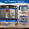 6 FT kids trampoline in blue with swing and horizontal bar, designed for safe indoor or outdoor play and fun bouncing.